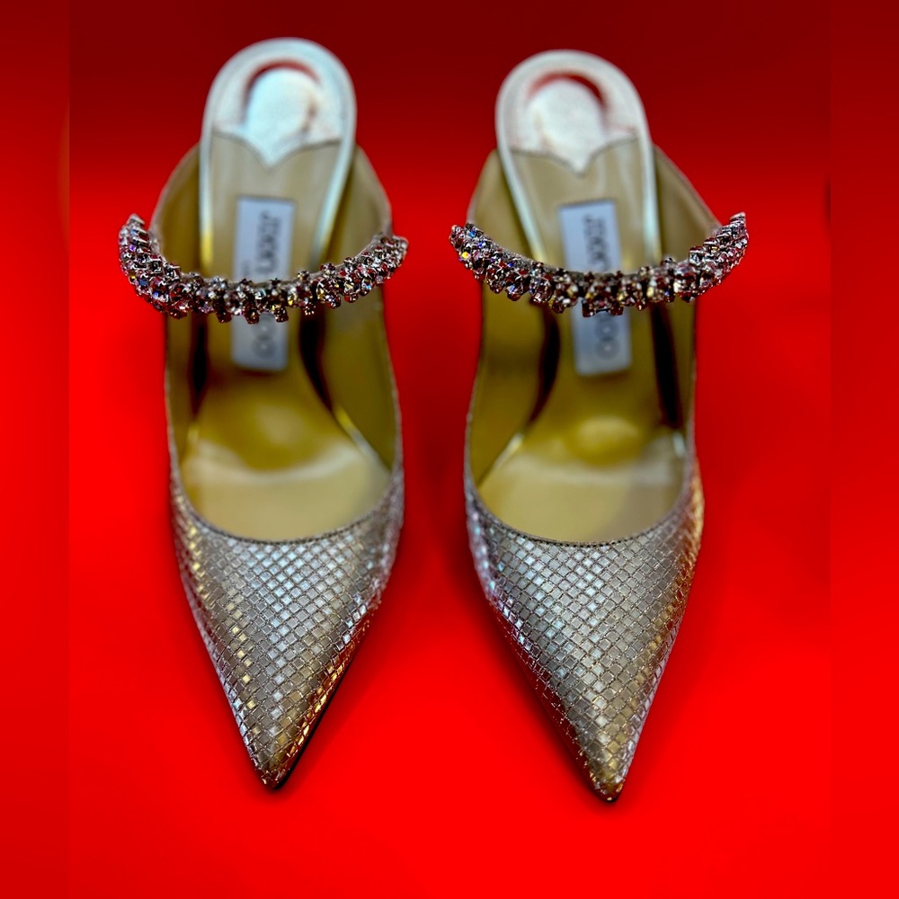 JIMMY CHOO Bing 100 Metallic Mules With Crystal Strap. Size 6 brand new
